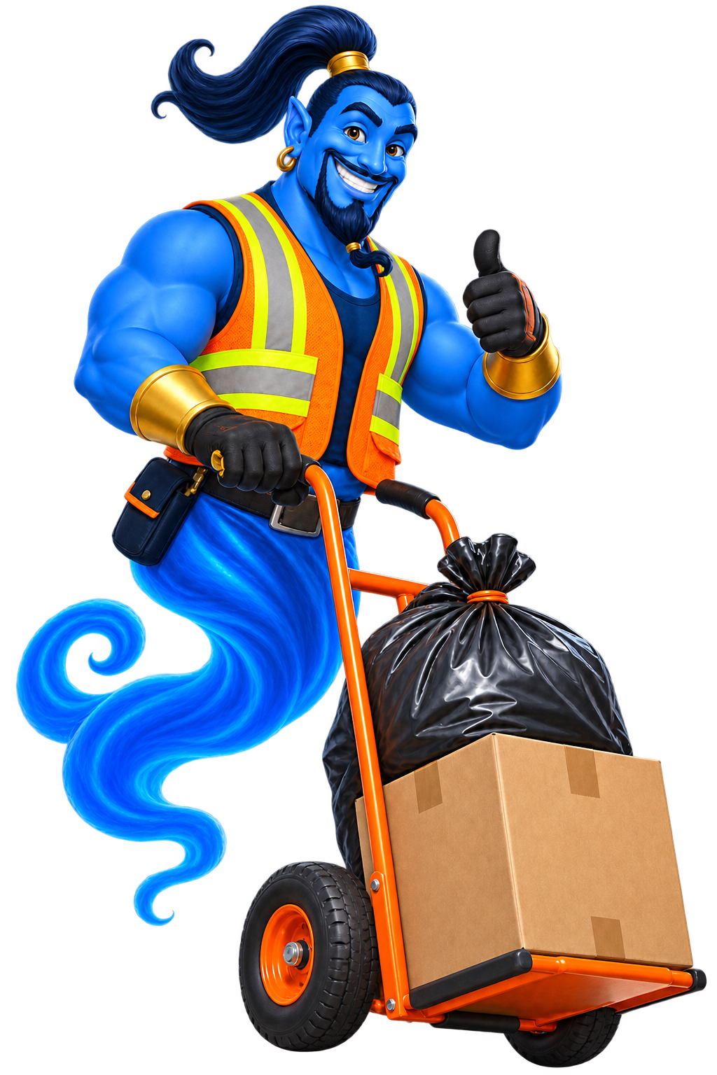 The Genie Haul mascot rising out of a lamp in an orange safety vest with a hand truck