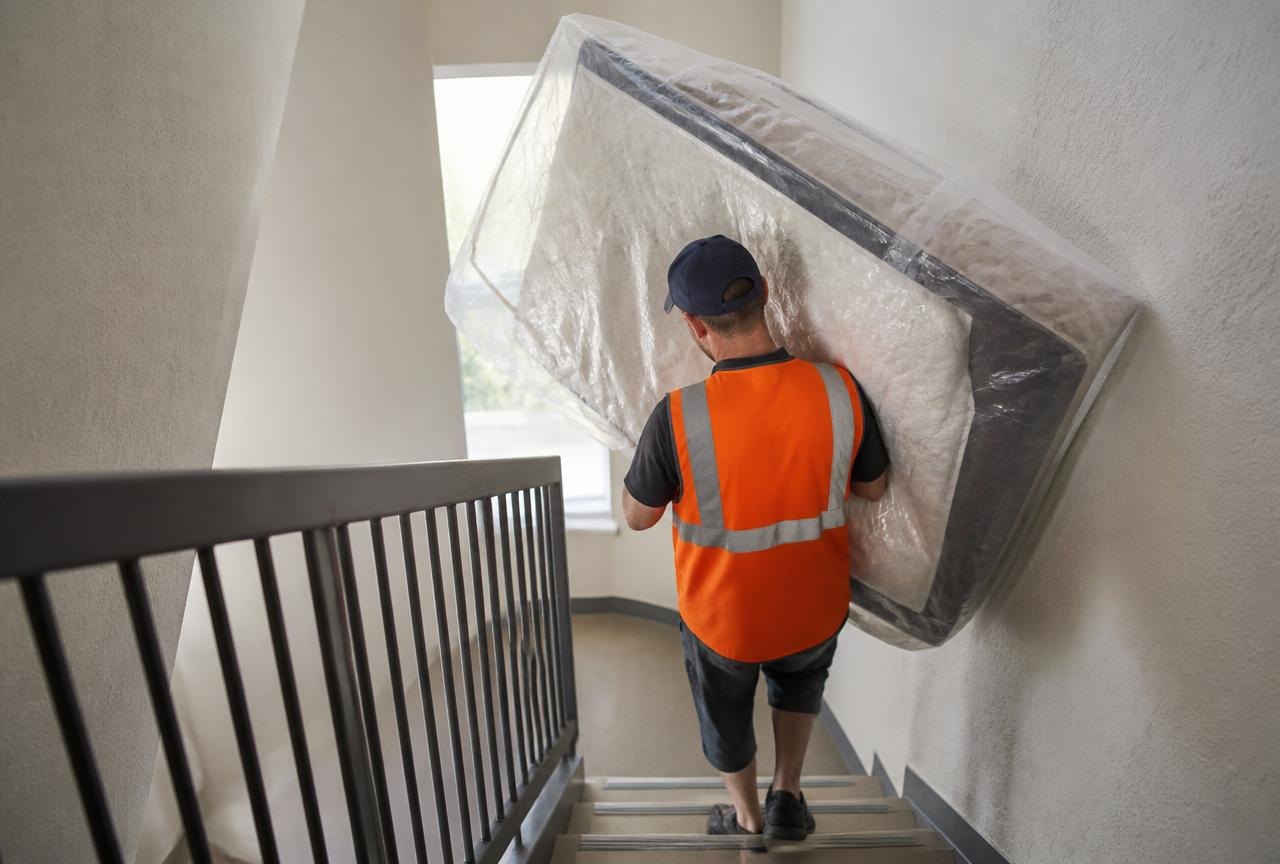 Mattress Removal | Genie Haul Junk Removal Genie Haul crew member carrying a wrapped mattress down apartment stairs for mattress and box spring removal.