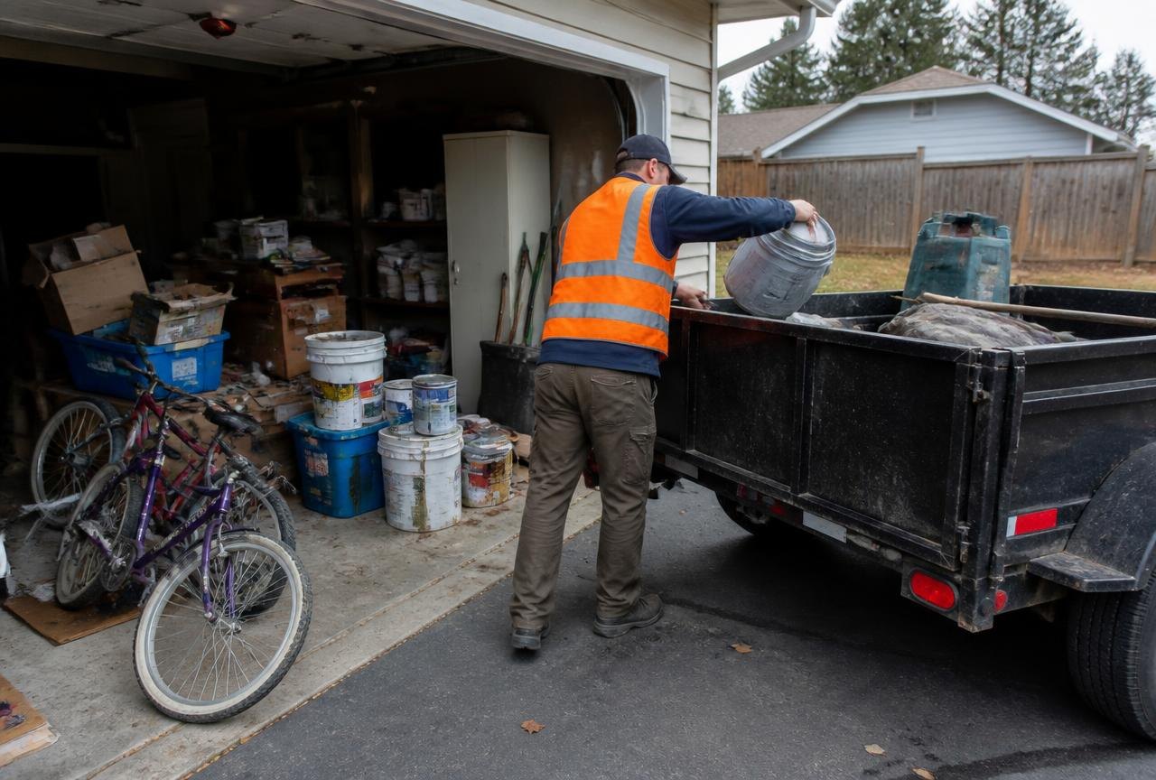Garage Cleanouts | Genie Haul Junk Removal Genie Haul crew loading old bikes, paint cans and boxes from a garage cleanout into a dump trailer.