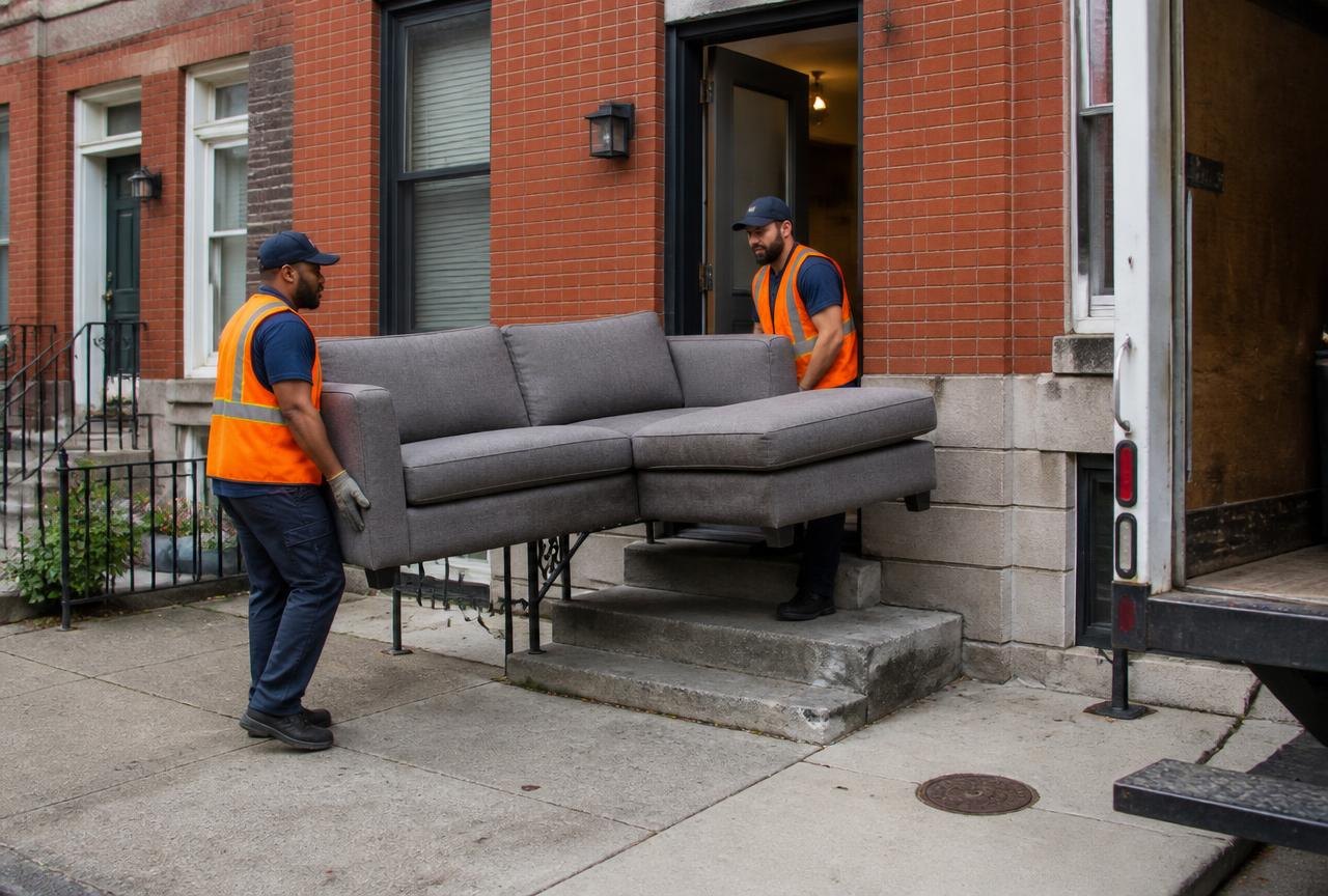 Furniture Removal | Genie Haul Junk Removal Genie Haul crew carrying a sectional sofa out of a Baltimore rowhouse for same-day furniture removal.