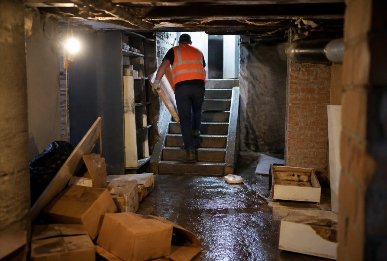 Basement Cleanouts | Genie Haul Junk Removal Genie Haul crew carrying damp boxes and broken shelving up narrow basement stairs during a basement cleanout.