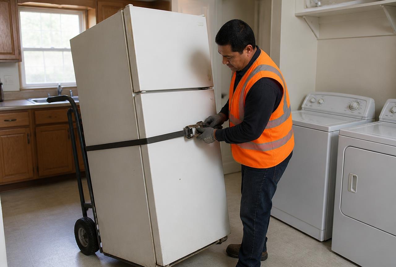 Appliance Removal | Genie Haul Junk Removal Genie Haul technician strapping an old refrigerator to an appliance dolly for safe appliance removal and disposal.